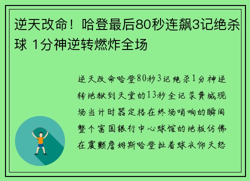逆天改命！哈登最后80秒连飙3记绝杀球 1分神逆转燃炸全场