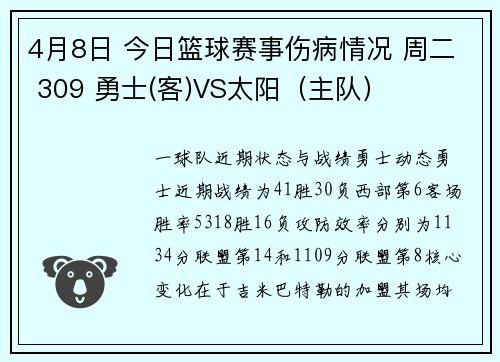 4月8日 今日篮球赛事伤病情况 周二 309 勇士(客)VS太阳（主队）